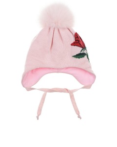 Розовая шапка с меховым помпоном и цветочным декором Chobi детская